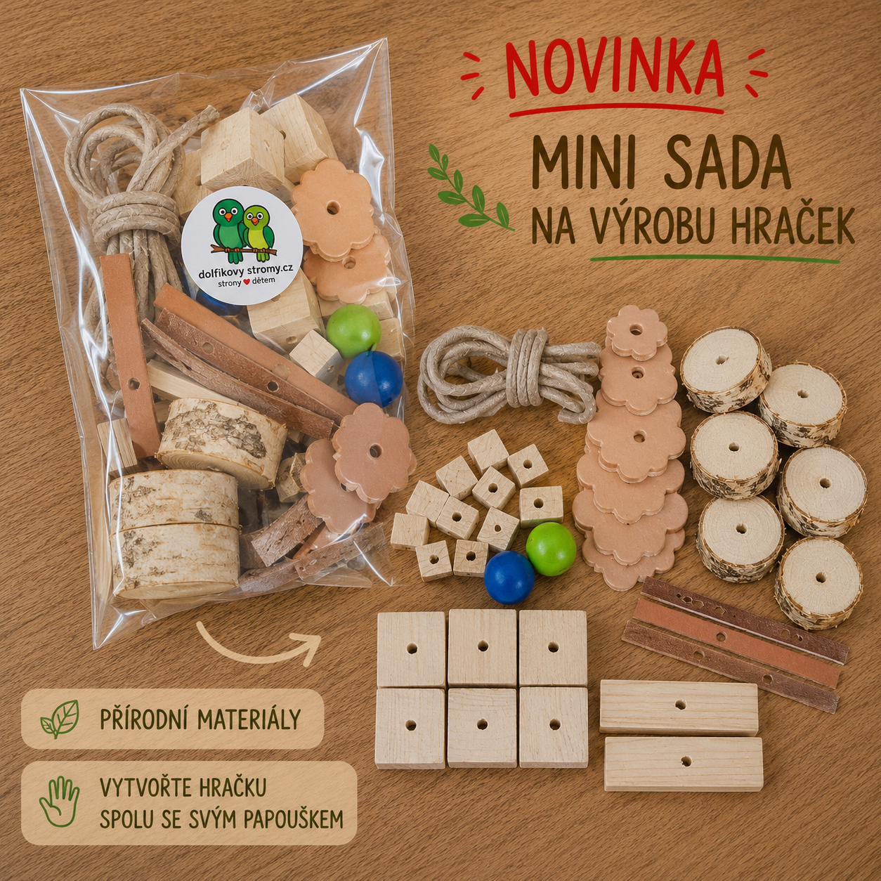 Mini sada na  výrobu hraček pro malé a střední papoušky